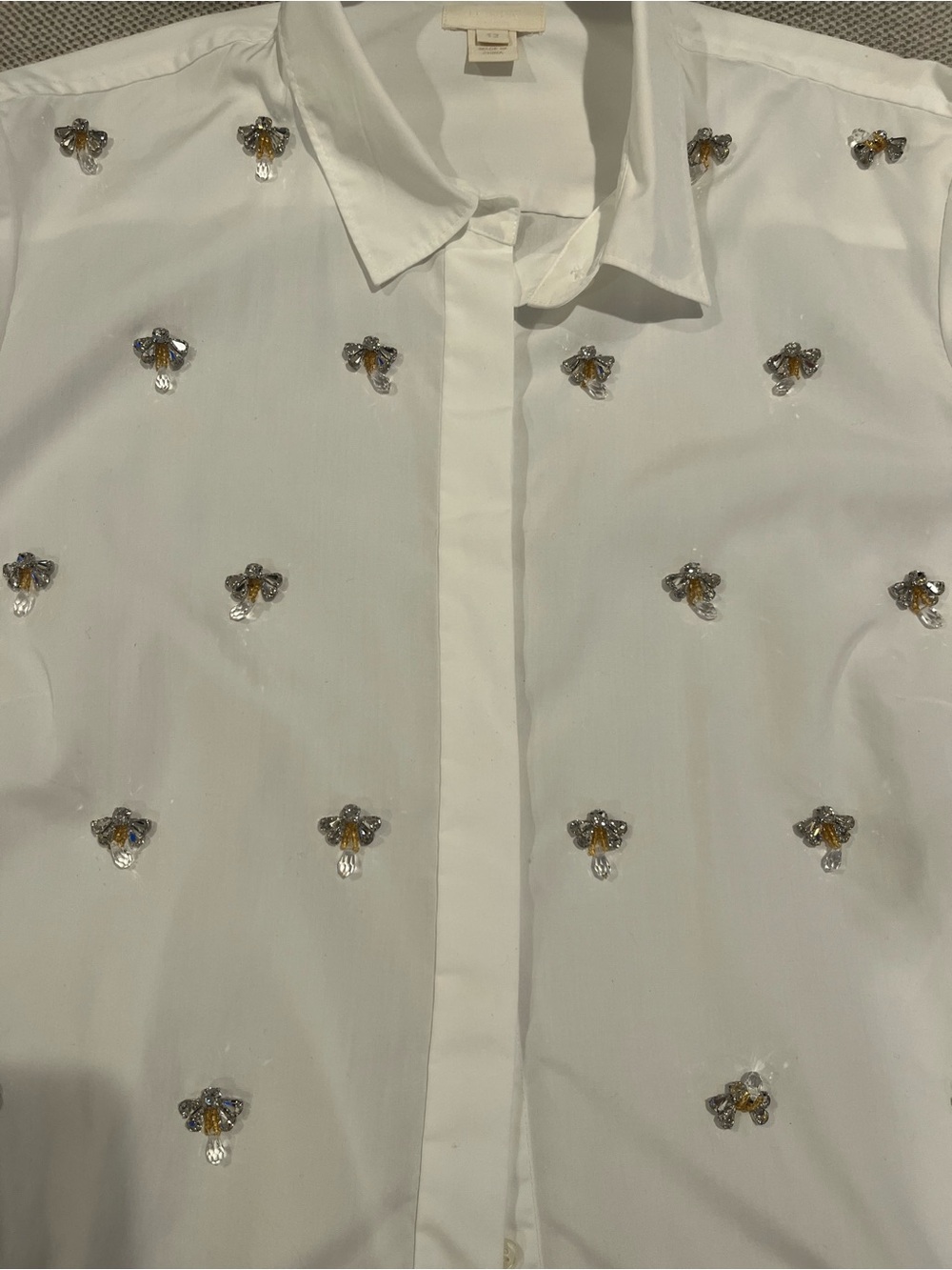 J. Crew Collection White Button-Down Shirt with Bee Bead Embellishments